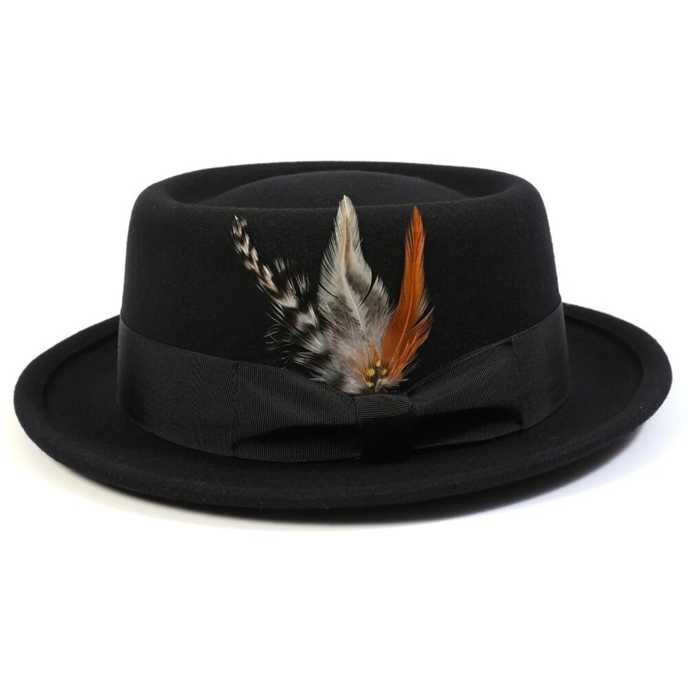 MONTIQUE BLACK PORK PIE  FEDORA WITH FEATHER . H-88 - Picture 2 of 4